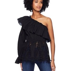 BCBGMaxAzria Black One-Shoulder Shirt with Lace Hem- Small